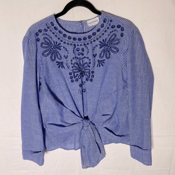 Love+Harmony Blue White Striped Cotton Embroidered Eyelet Tie Front Blouse S - Picture 1 of 14